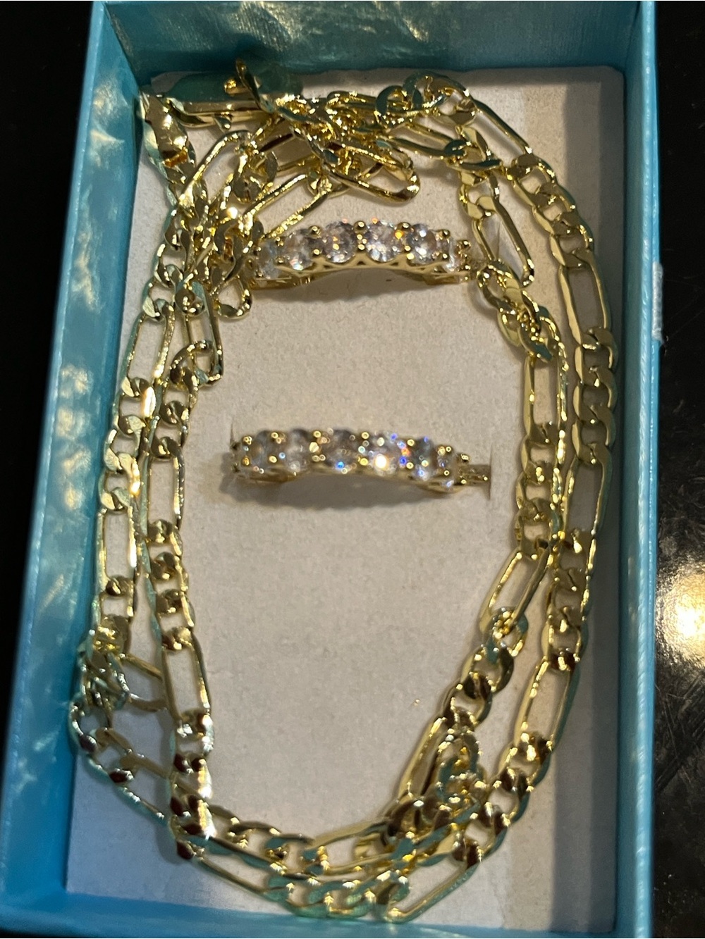 14 k Gold-Plated Necklace with Gold Chain And Cubic Zirconia Ring Set - Gold